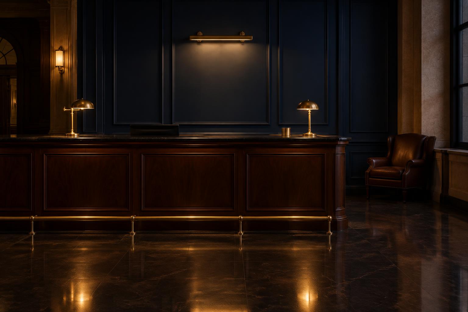 A dark wood service counter with brass fittings in a quietly lit public reception lobby